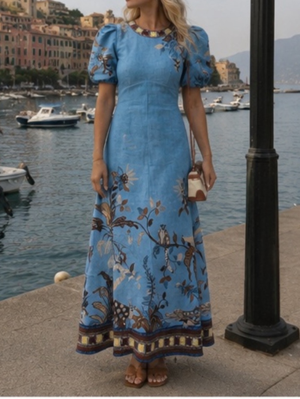 Alemais Georgie Linen Midi Dress Blue Floral Puff-Sleeve Maxi Dress, US2 4 6 8